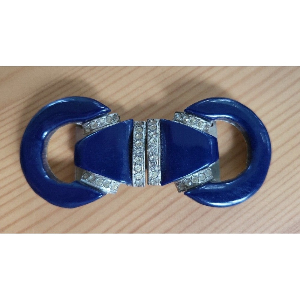 Antique Czech Art Deco Belt Buckle Blue Acrylic Bakelite Catalin Rhinestone Rare